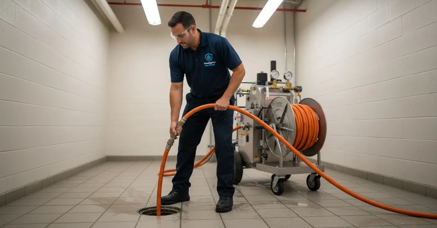 Plumber working on a drain cleaning job in a San Diego house
