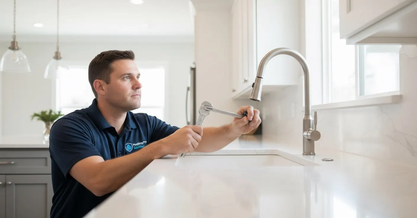 Plumber working on a garbage disposal repair and installation job in a San Diego house
