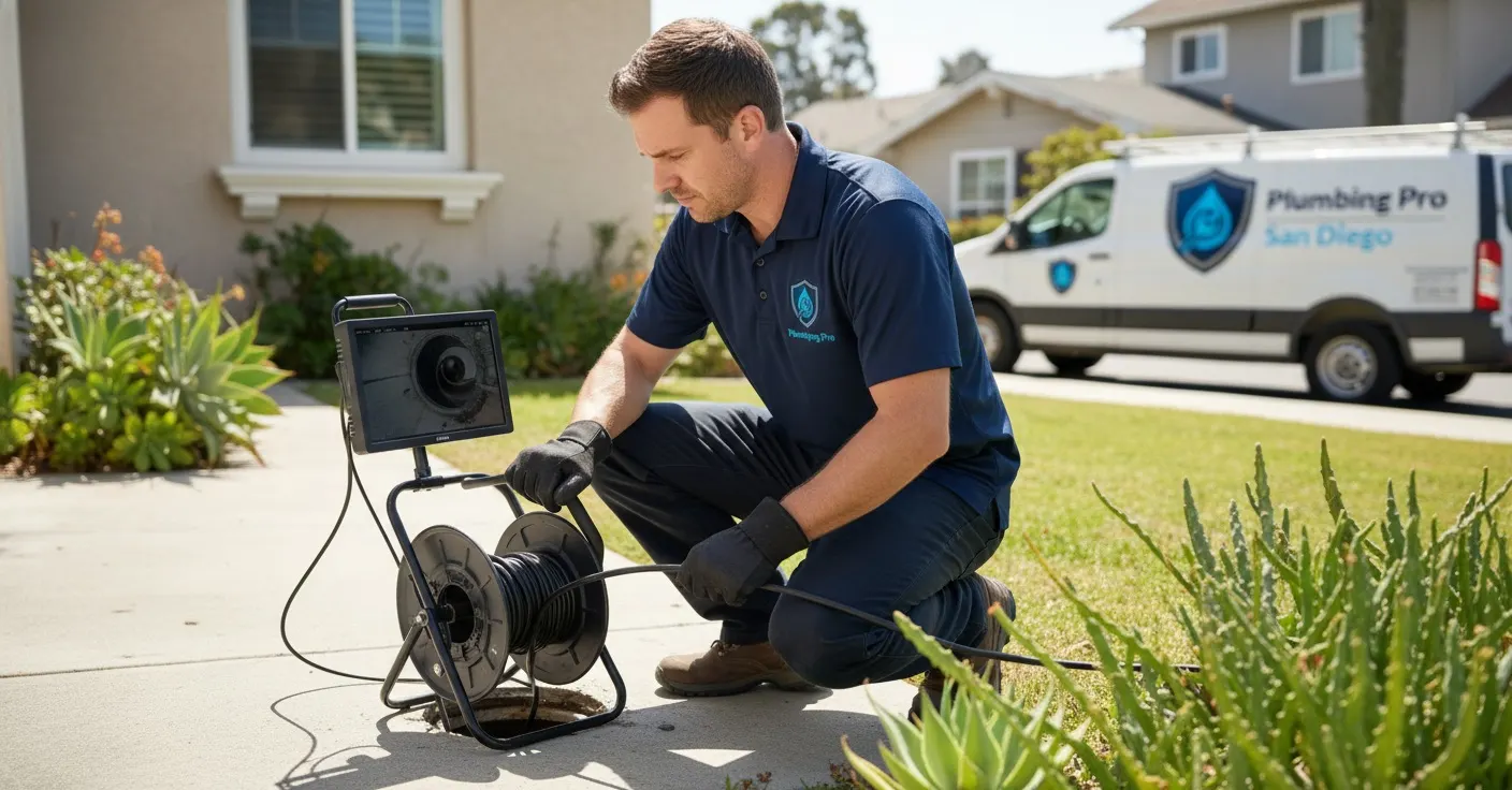 Plumber working on a sewer camera inspection job in a San Diego house