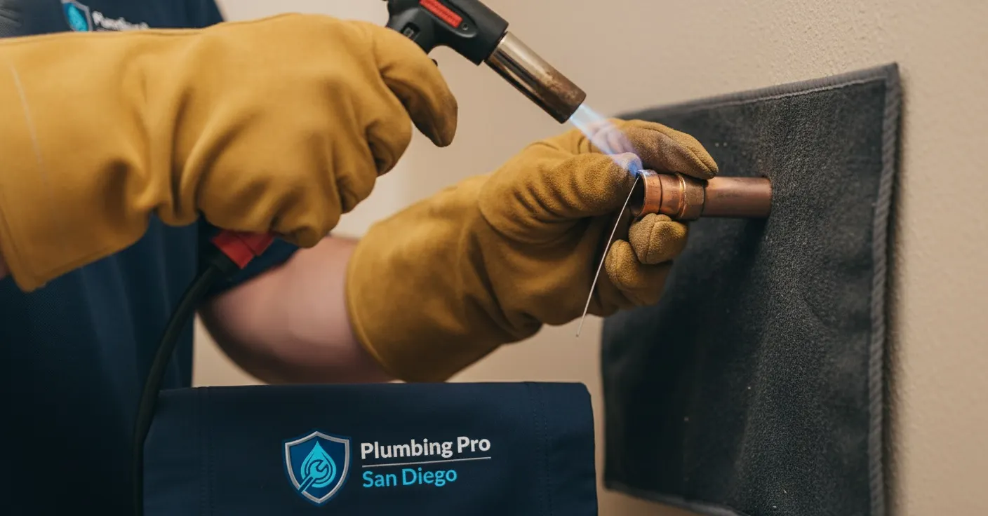 Plumber working on a slab leak repair job in a San Diego house