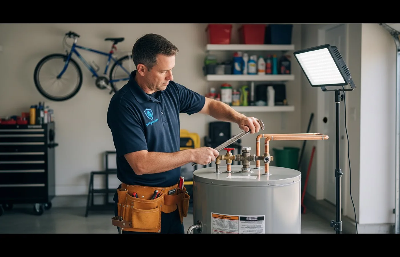 A plumber tightens the fittings on top of a tank water heater in a garage.