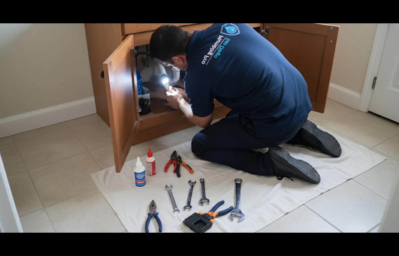 A plumber kneels at an open under-sink cabinet with a flashlight on the pipes and tools laid out on a cloth.